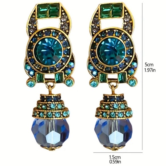 Pair of Inlaid Faux Jade 18K Gold Plated Dangle Costume Earrings (NWT) - Picture 5 of 5